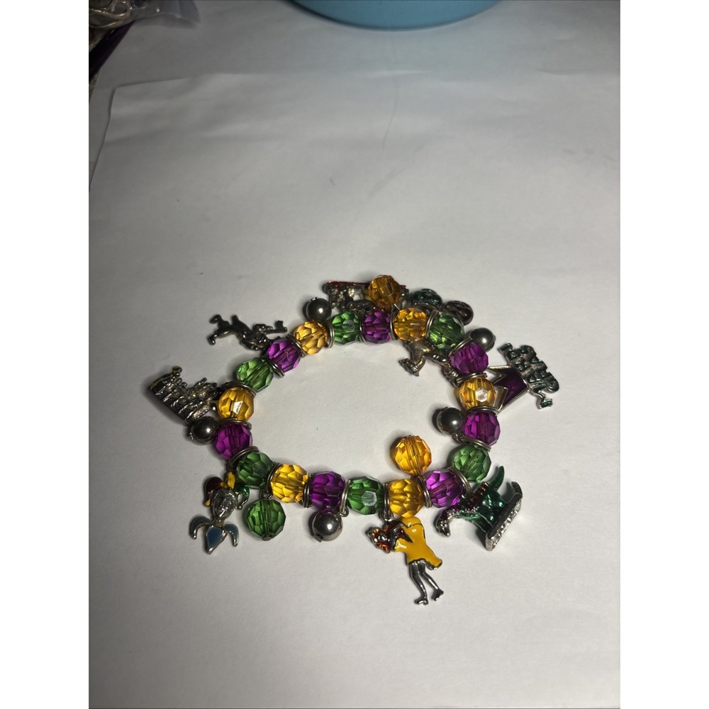 Mardi Gras Charm Bracelet Purple Green Gold Beads New Orleans Stretch